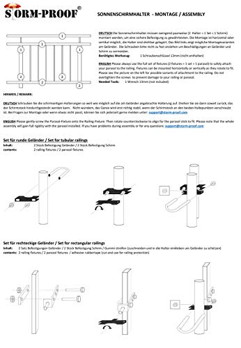 STORM-PROOF - Sonnenschirmhalter für rechteckige Geländer, Schirmstockdurchmesser von 32mm bis 38mm, stabile 2-Punkt-Befestigung komplett aus Stahl - 7