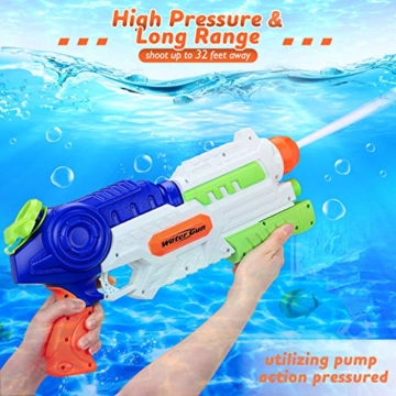 lenbest Wasserpistole, 2 Pack Wasser Blaster, 1.2L Großer Kapazität & 10 Meter Reichweite, Super Squirt Wasserpistolen - Sommer Partys, Pool, Garten Wasser Geschenk für Kinder Jungen Mädchen - 4