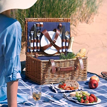 Weidenkorb Picknickkorb Picknickkoffer Set Mit Besteck Geschirr Gläsern & Fleecedecke Für 4 Personen Partys Im Freien 42 * 31 * 23cm - 7