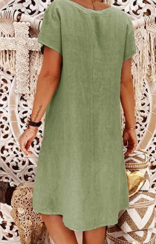 Yidarton Sommerkleid Leinen Kleider Damen V-Ausschnitt Strandkleider Einfarbig A-Linie Kleid Boho Knielang Kleid Ohne Zubehör (Grün, M) - 4