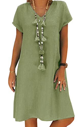 Yidarton Sommerkleid Leinen Kleider Damen V-Ausschnitt Strandkleider Einfarbig A-Linie Kleid Boho Knielang Kleid Ohne Zubehör (Grün, M) - 1