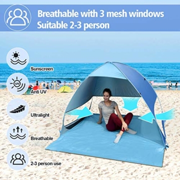 Osaloe Strandmuschel, UV Schutz 50+ Pop Up Strandzelt für 1-3 Personen, Tragbares Campingzelt zum Wandern, Picknicken, Angeln, Garten- und Outdoor-Aktivitäten (Blau) - 6