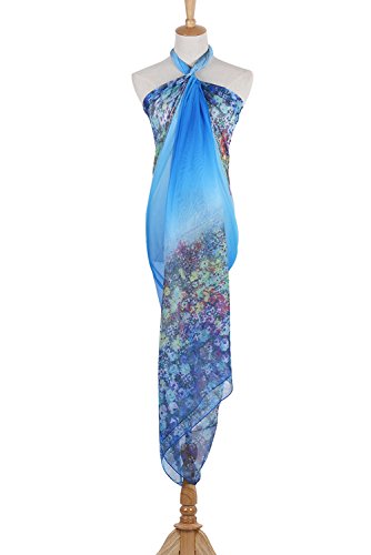 PB-SOAR XXL Mode Damen Sarong Pareo Strandtuch Wickelrock Wickeltuch Schal Halstuch mit Blumenmuster (Blau) - 2