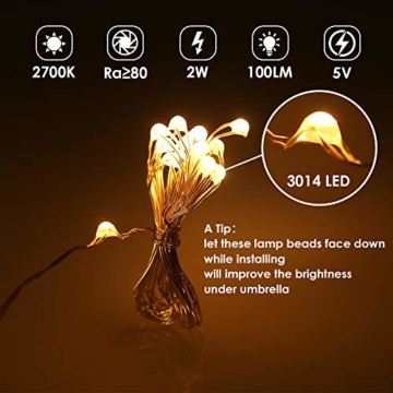 Regenschirm Lichterkette B-right Lichterkette für Sonnenschirm Sonnenschirmbeleuchtung LED Lichtbänder mit Fernbedienung, wiederaufladbare Batterie, 104LED, für Schirmdekoration, Campingzelte. - 3