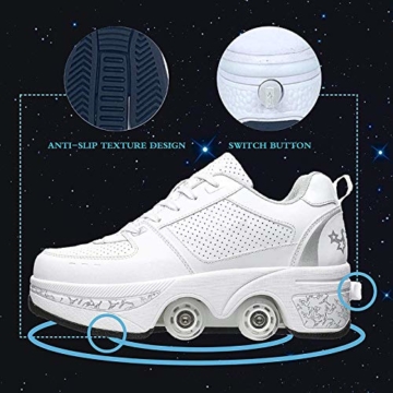 Fbestxie Laufschuhe Sportschuhe Kinder Skateboard Schuhe Kinderschuhe Mit Rollen Multifunktionale Deformation Schuhe Outdoor-, Indoor- Und Eisbahn-Skaten,White Silver,41 - 2