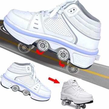 Fbestxie LED Rollschuhe Mit Räder,Mädchen Quad Roller Skates Damen Skate Roller,2-In-1- Skate Schuhe Sportschuhe Multifunktionale Deformation Schuhe Für Unsichtbare Schuhe Fersenroller Kinder,Weiß,39 - 2