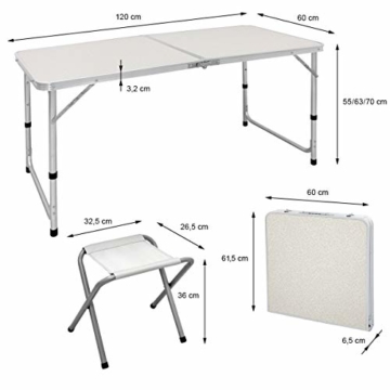 ECD Germany Campingtisch Set mit 4 Hocker - 120 x 60 x 55/63/70 cm höhenverstellbar - klappbar - Weiß/Creme - aus Aluminium und MDF - Campingmöbel Set Klappmöbel Klapptisch Falttisch - 8