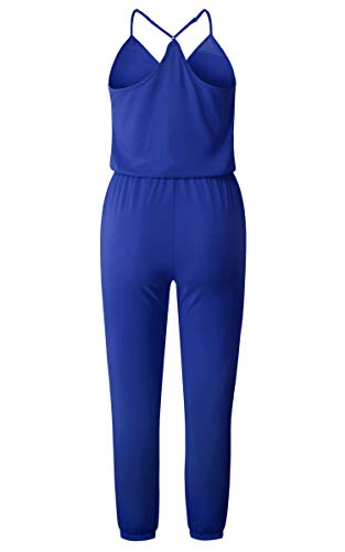 ECOWISH Damen Jumpsuit Lang V Ausschnitt Overall Sommer Ärmellos Hosenanzug Träger Playsuit Romper Blau S - 5