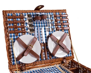 eGenuss LY12041BLU Handgefertigtes Picknickkorb für 4 Personen - Inklusive Edelstahlbesteck, Kühlfach, Weingläser und Keramikteller – Blaues Gingham-Muster 47x34x20 cm - 5