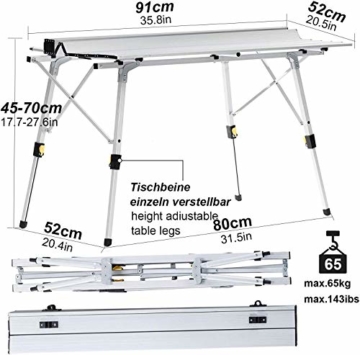 Nestling® Tragbarer Klappbarer Klapptisch, Aluminiumtisch Zum Klappen für Camping Oder Garten Outdoor-Campingküche - Höhenverstellbar (Zweiteilige Tragetasche) (Silber) - 8