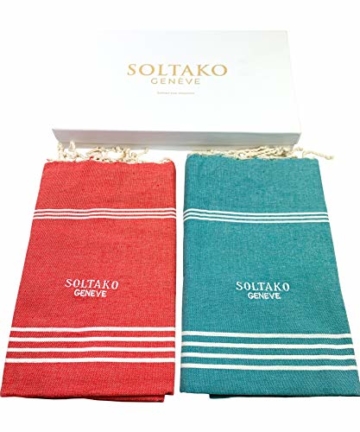 SOLTAKO XXL 2X Fouta Strandtuch Handtuch Saunatuch Badetuch Hamamtuch Yoga Decke Pestemal in Jade & Koralle Farben als 2er Geschenkset extra groß, 100 x 200 cm - 5