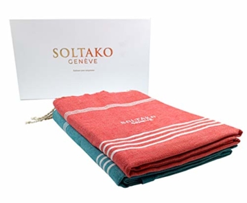 SOLTAKO XXL 2X Fouta Strandtuch Handtuch Saunatuch Badetuch Hamamtuch Yoga Decke Pestemal in Jade & Koralle Farben als 2er Geschenkset extra groß, 100 x 200 cm - 2