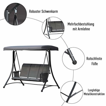 Outsunny 3-Sitzer Hollywoodschaukel, Gartenschaukel mit Sonnendach, Schaukelbank mit Ablage, Aluminium, Grau, 196 x 128 x 172 cm - 5