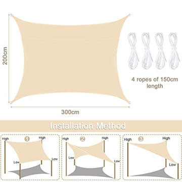 BARAKYEG sonnensegel wasserdicht 2 x 3 Meter Sonnenschutz Wasserdicht,UV-Schutz,Luftdurchlässig,Garten Balkon & Terrasse Camping Outdoor Wetterbeständig inkl Befestigungsseile,Creme Farben - 2