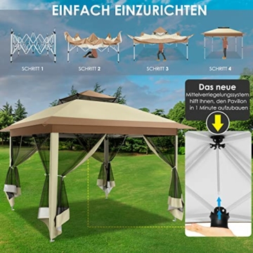 Hoteel Pavillon 3x3 Wasserdicht Stabil Winterfest Faltpavillon Pop up Pavillon mit Moskitonetz Doppeldach für Terrasse, Garten, Hinterhof, Braun - 4