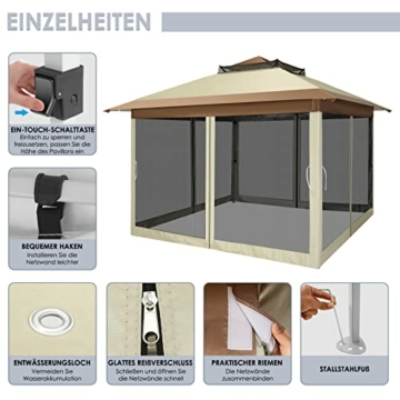 Hoteel Pavillon 3x3 Wasserdicht Stabil Winterfest Faltpavillon Pop up Pavillon mit Moskitonetz Doppeldach für Terrasse, Garten, Hinterhof, Braun - 5