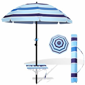 Eulenke einstellbar Strandschirm Sonnenschirm Strand Ø 213cm, UV50+, mit Tisch&Haken&Tragetasche, stark Regenschirmrahmen und Regenschirmgriffstruktur，Anti -Wind und Haltbarkeit，Blau gestreift - 1