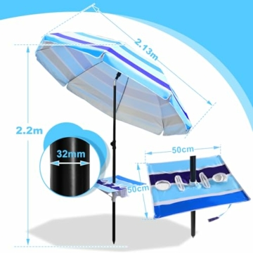 Eulenke einstellbar Strandschirm Sonnenschirm Strand Ø 213cm, UV50+, mit Tisch&Haken&Tragetasche, stark Regenschirmrahmen und Regenschirmgriffstruktur，Anti -Wind und Haltbarkeit，Blau gestreift - 5