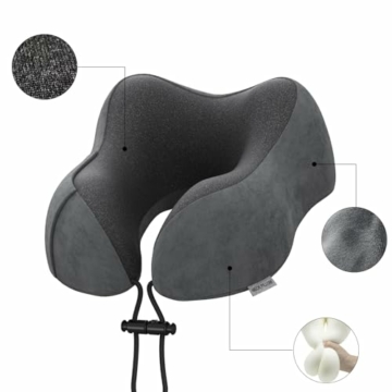 Nackenkissen Flugzeug, Reisekissen Auto Travel Pillow aus Memory Foam mit samtweichem Bezug, Nackenhörnchen Erwachsene für Reisen, Camping, Büro und Haus (Dunkelgrau) - 5