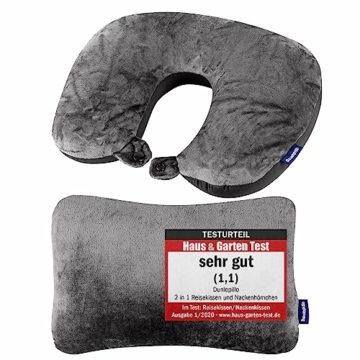 Shopping Hero Reisekissen - 2in1 Memory Foam Nackenkissen Stützkissen,Nackenhörnchen, 31x21 cm - Travel Pillow by Dunlopillo für Flugzeug, Camping, Reise - Ergonomisches Kopfkissen mit Microperlen - 1